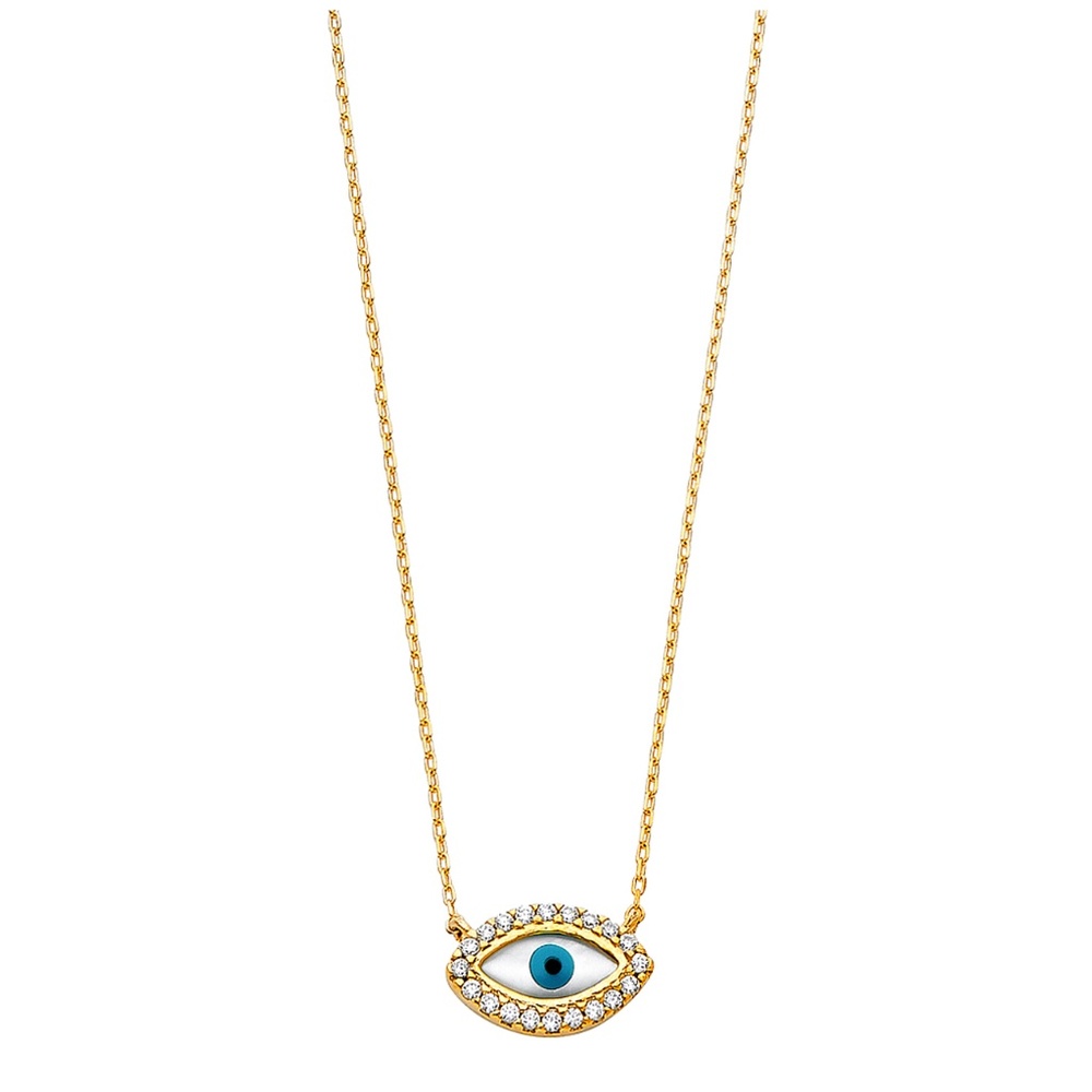 14K Yellow Gold  CZ Evil Eye Necklace - 17+1"